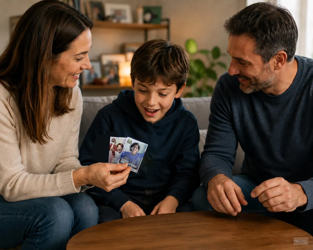 Une famille découvre les cartes personnalisées de leur enfant